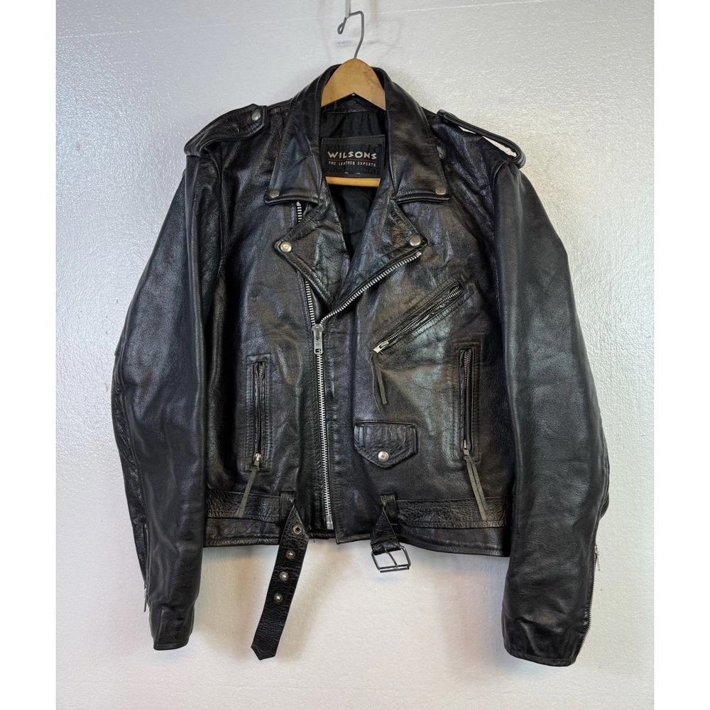 90s Vintage Wilson Leather‎ Jacket Sz M Chest 42in Punk Biker Motorcycle Y2K